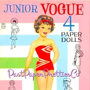 Bonecas de papel vintage Vogue Junior PDF para impressão Download digital instantâneo 4 lindos recortes de adolescentes estilosos Clipart