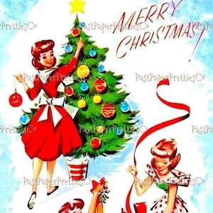 Imagen de tarjeta navideña retro para amas de casa felices fiestas vintage, descarga digital instantánea, kitsch, mediados de siglo, ama de casa, clipart