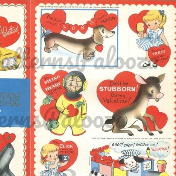 Printable Vintage 1960s Valentines Day Cards Cute Kitsch Boys Girls Anthropomorphic Animals PDF Instant Digital Download Clip Art 36 Designs