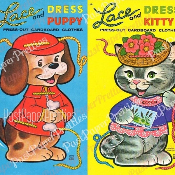 Vintage Paper Dolls Lace and Dress Puppy and Kitty Kitsch Cat Dog & Clothes Printable PDF Instant Digital Download 1975 Kitten Pup Clip Art