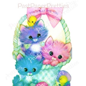 Vintage Pâques pastel imprimable Pâques chatons dans un panier et poussins carte Image téléchargement numérique mignon Kitsch Kitty Cats 300 dpi