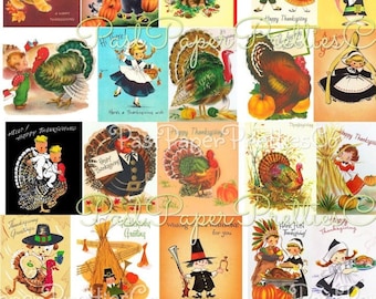 May include: A digital collage of vintage Thanksgiving greeting cards featuring turkeys, pilgrims, and other Thanksgiving imagery. The cards are in various colors and styles, and some have handwritten messages.
