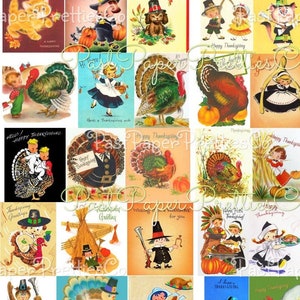 Folhas de colagem de ação de graças retrô para impressão vintage, perus fofos, imagens de cartão de crianças peregrinas, PDF, download digital instantâneo, clipart, 2 tamanhos