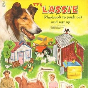 Muñecas de papel antiguas, televisores, libro de jugadas de Lassie, Push Outs, juego de manualidades de papel de granja imprimible, descarga digital instantánea, perro Collie de pelo largo retro
