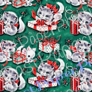 Vintage Christmas Cats Gift Wrap Cute Kitties Printable Collage Sheet Instant Digital Download Kitsch Wrapping Paper Kawaii Design 1940s