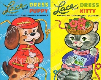 Muñecas de papel vintage con encaje y vestido, cachorro y gatito, kitsch, gato, perro y ropa, PDF imprimible, descarga digital instantánea, clip art de gatito de 1975
