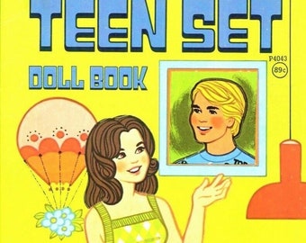 May include: A paper doll book featuring a young woman with brown hair wearing a green and white polka dot top, a pink skirt, and green shoes. The book is titled "Teen Set Doll Book" and has a price tag of "89c".