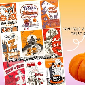 Bolsas de dulces o trucos para Halloween, collages de tarjetas, imágenes retro, descarga digital instantánea, imágenes prediseñadas de bolsas de golosinas retro