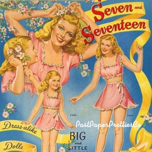 Bonecas de papel vintage Seven e Seventeen 1945 PDF para impressão Download digital instantâneo Bonecas bonitas Big and Little Sister Dress-Alike