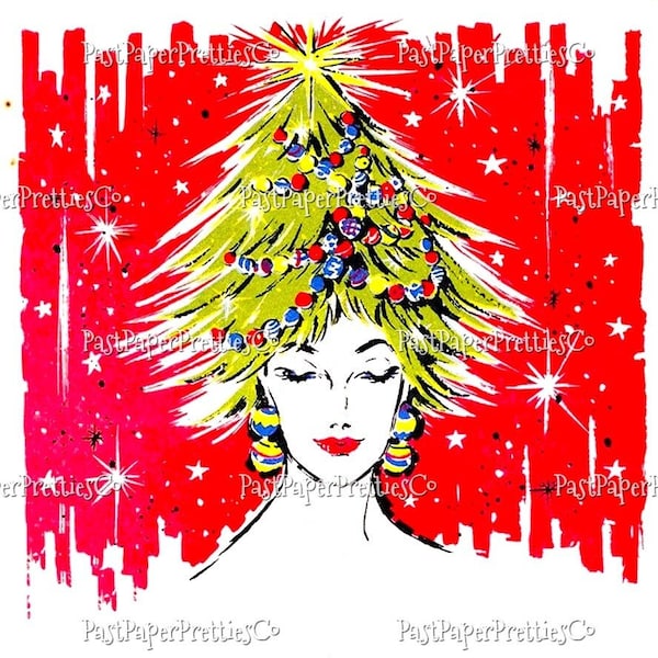 Vintage Printable Retro Glam Christmas Lady with Tree Hat Hairdo Girl Kitschy Mid Century Mod Image Instant Digital Download Holiday Clipart