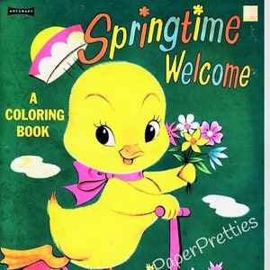 Libro para colorear de Pascua imprimible vintage Bienvenida a la primavera c. 1950 PDF Descarga digital instantánea Animales lindos para niñas y niños 115 páginas
