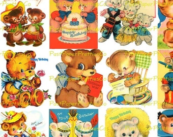 Può includere: Un foglio di collage digitale di 16 illustrazioni vintage con simpatici orsi dei cartoni animati in vari abiti e ambientazioni. Gli orsi stanno festeggiando i compleanni con torte, tamburi e altri oggetti festivi. Le illustrazioni sono in stile retrò con colori vivaci e linee semplici.
