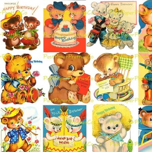 Folhas de colagem de feliz aniversário de urso de pelúcia para impressão vintage e cartões Imagens retrô PDF Download digital instantâneo Clipart 3 tamanhos