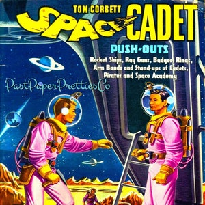 Muñecos de papel de ciencia ficción vintage para imprimir. Tom Corbett, cadete espacial, push outs. Descarga digital instantánea. Manualidades de papel de ciencia ficción retro