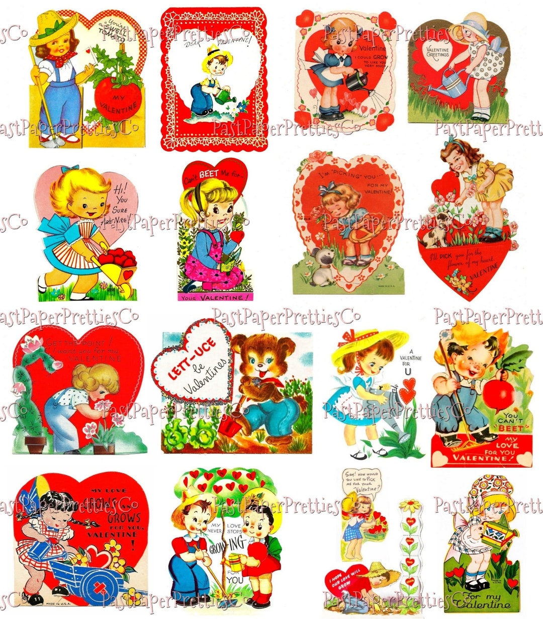 Vintage Printable Valentines Day Cards 16 Cute Little Gardening Girls Boys Animals Collage