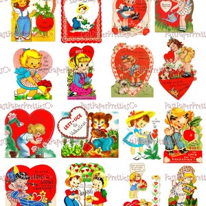 Vintage afdrukbare Valentijnsdagkaarten 16 schattige kleine tuinieren meisjes, jongens, dieren, collagevellen, pdf, instant digitale download, tuinthema