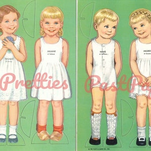 May include: A vintage paper doll set featuring eight dolls with different hairstyles and outfits. The dolls are dressed in a variety of styles, including dresses, skirts, and pants. The paper dolls are printed on a white background with a green border.