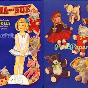 Bonecas de papel vintage Sandra e Sue c. 1948 PDF Download digital instantâneo Kitsch Cute Kawaii Girls e seus brinquedos Clip Art para impressão