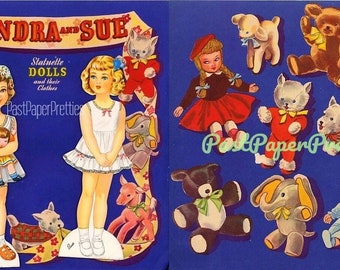 Vintage Paper Dolls Sandra and Sue c. 1948 PDF Instant Digital Download Kitsch Cute Kawaii Girls and Their Toys Printable Clip Art