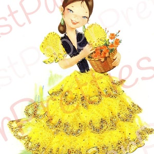 Vintage Printable Pretty Big Eyed Spanish Dancer Girls 1970s Postcard Images PDF Instant Digital Download Kitsch Fabric Dresses 300 dpi image 9