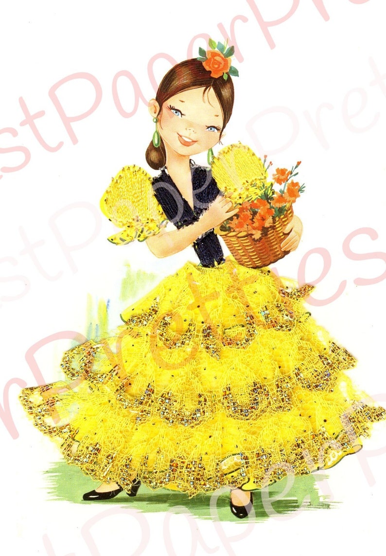 Vintage Printable Pretty Big Eyed Spanish Dancer Girls 1970s Postcard Images PDF Instant Digital Download Kitsch Fabric Dresses 300 dpi image 9