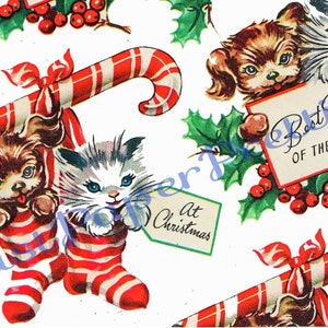 Carta da regalo stampabile retrò vintage con simpatici cuccioli, gattini, calza della Befana, collage, download digitale istantaneo, carta da regalo kitsch