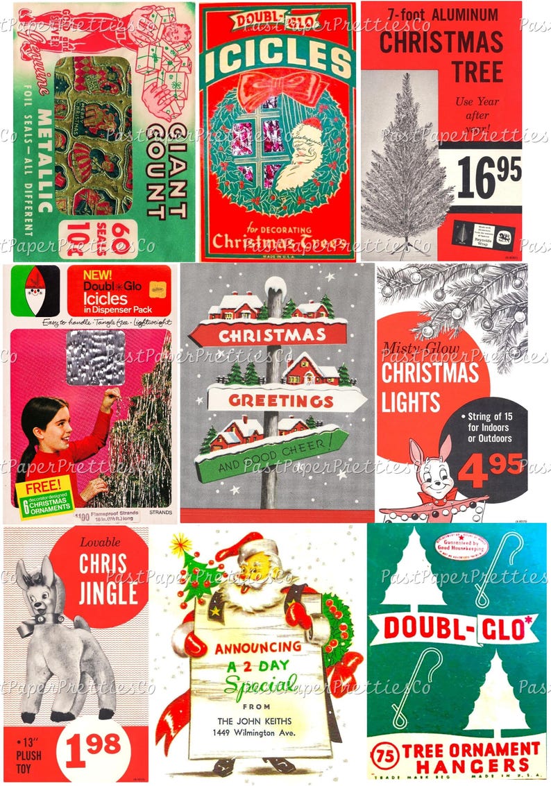 Imágenes de cajas de embalaje para decoración navideña vintage imprimibles, estilo Mid Century Mod, descarga digital instantánea en PDF, 300 ppp, imágenes individuales, collages. imagen 4