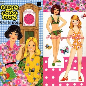 Bonecas de papel vintage estampadas e bolinhas retrô anos 1970 mod boho hippie groovy fashions PDF para impressão download digital instantâneo 3 bonecas bonitas