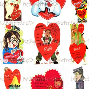 May include: A collection of vintage Valentine's Day cards featuring various cartoon characters. The cards are red with white borders and feature illustrations of ghosts, skeletons, monsters, and other whimsical figures. The cards have messages such as "This just ghost to show", "Feel it in my bones", "You're my Valentine", "Don't bat my love about dear", "I'm putting my best foot forward for you", "Happy Valentines wish for my Valentine I love you", and "You caught my eye!"