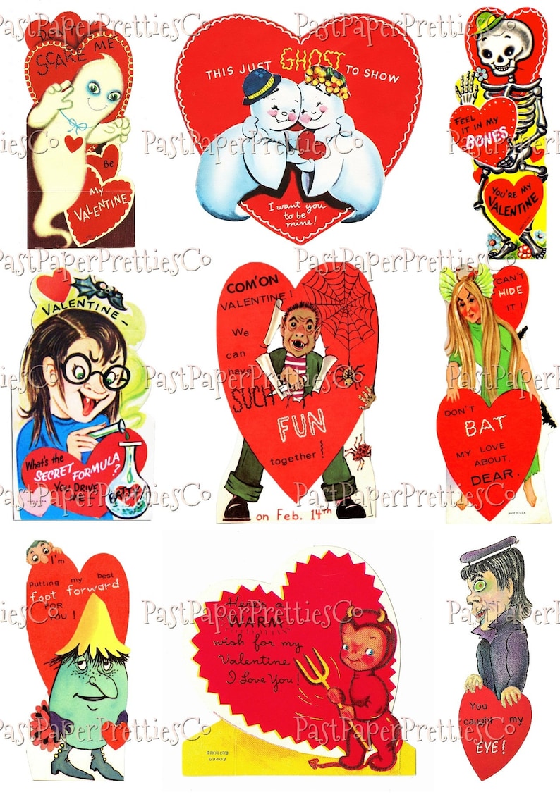 May include: A collection of vintage Valentine's Day cards featuring various cartoon characters. The cards are red with white borders and feature illustrations of ghosts, skeletons, monsters, and other whimsical figures. The cards have messages such as "This just ghost to show", "Feel it in my bones", "You're my Valentine", "Don't bat my love about dear", "I'm putting my best foot forward for you", "Happy Valentines wish for my Valentine I love you", and "You caught my eye!"
