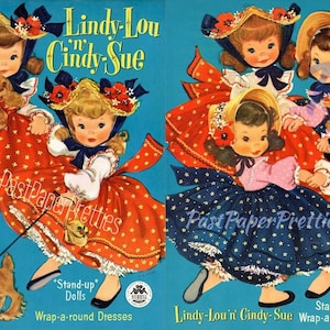Vintage Paper Dolls Lindy-Lou &#39;n Cindy-Sue c. 1954 PDF Instant Digital Download Kitschy Cute Girls Wrap Around Dresses Printable Clip Art