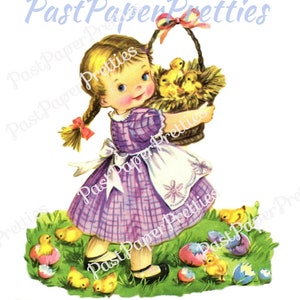 Vintage afdrukbare Pasen-clipart schattig klein meisje mandje met kuikens kaart afbeelding met kleine staart c. Jaren 50 Instant digitale download 300 dpi JPEG PNG
