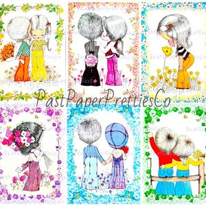 Vintage druckbare Groovy Mod Paare 1970er Jahre Postkarte Bilder tauschen Karte Bilder PDF Sofortiger digitaler Download Süße Kitsch Hippie Kinder in Liebe