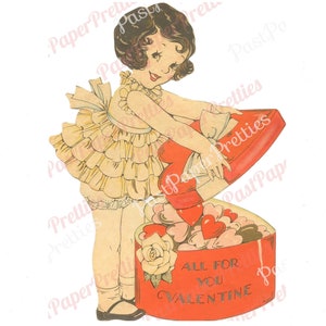 Vintage antieke afdrukbare Valentijn art-deco meisje met stroken jurk en hoedendoos kaart afbeelding c. Instant digitale download uit de jaren 1930