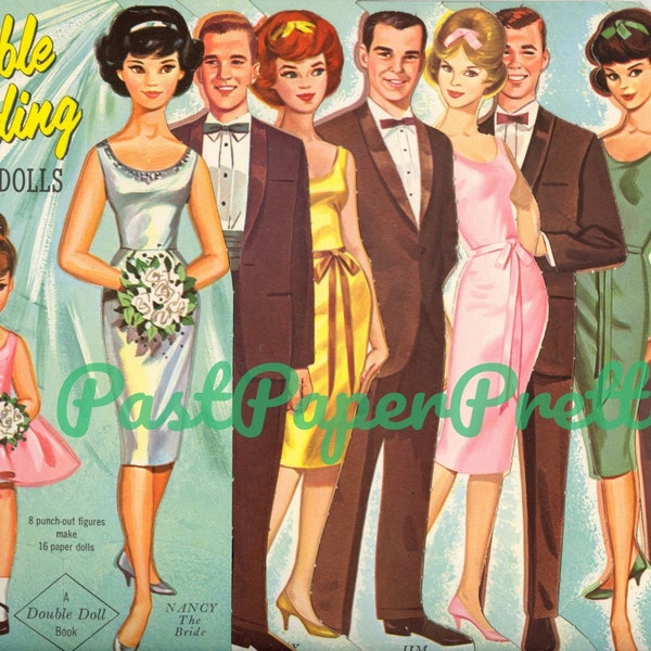Vintage Paper Dolls Double Wedding c. 1964 Printable Instant Digital Download 16 Bridal Party Dolls & Clothes Clip Art JPEG PDF