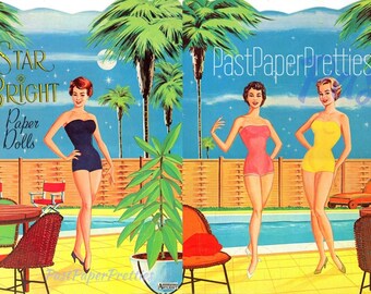 Lalki papierowe w stylu vintage, gwiazdy, jasne, ok. 1960, plik PDF do wydrukowania, natychmiastowe pobranie cyfrowe, 3 piękne lalki z hollywoodzkimi gwiazdami filmowymi, grafika wektorowa