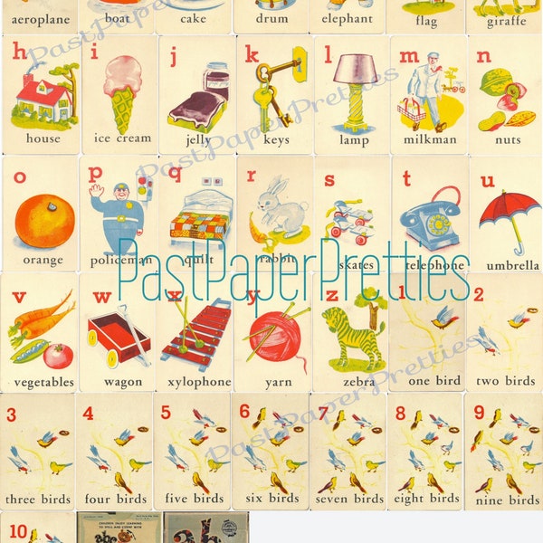 Vintage Printable ABC Flash Cards Illustrated 123 Alphabet Letters Numbers 1950s PDF Instant Digital Download Childs Learning Game Images