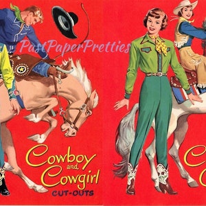 Bambole di carta vintage Cowboy e Cowgirl c. 1955 PDF stampabile Download digitale istantaneo Bambole e abiti da donna western carini Clip Art