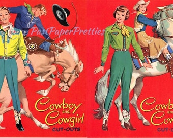 Vintage Paper Dolls Cowboy et Cowgirl v. 1955 imprimable PDF téléchargement numérique mignon Western Lady man poupées et tenues Clip Art