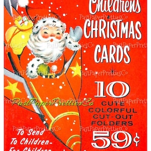 Caixa de cartões de Natal infantis para impressão vintage Imagem frontal Papai Noel em foguete Retro anos 1960 Download digital instantâneo Kitsch Holiday Clipart