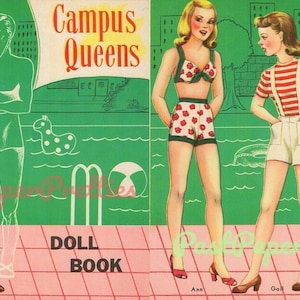 Vintage Paper Dolls Campus Queens c. Afdrukbare pdf uit de jaren 1940, direct digitaal downloaden 4 mooie universiteitsmeisjes studentenpoppen illustraties