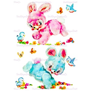 Vintage Retro Hopping Fluffy Bunnies Nursery Decal Imagem Imprimível Instantâneo Download Digital Bonito Kitsch Coelho Bluebirds