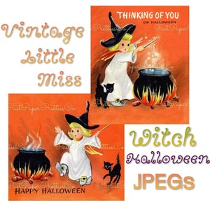 Images de cartes de visite imprimables Little Miss Halloween sorcière vintage vintage c. Clipart adorablement effrayant en téléchargement numérique des années 1950, 300 dpi