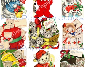 May include: Nine vintage Christmas cards featuring kittens in various holiday scenes. The cards are decorated with red, green, and white colors and feature festive elements like holly, candy canes, and a bell. The cards have greetings such as "Merry Christmas", "Hello it's Christmas", and "Greetings".