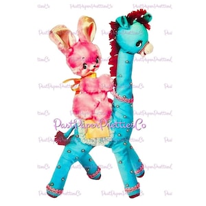 Vintage Retro flauschige rosa Kaninchen reiten blaue Giraffe Kinderzimmer Aufkleber Bild druckbare Sofortiger digitaler Download niedlichen Baby-Kitsch-Tiere Clipart