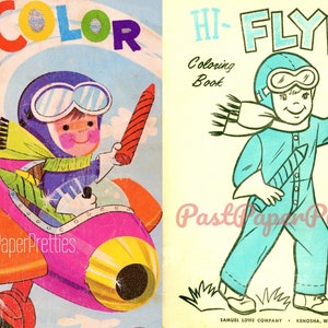 ヴィンテージ印刷可能な塗り絵ブック Hi-Flyer c. 1966 PDF インスタントデジタルダウンロード かわいいキッチュな男の子と女の子の動物と遊ぶ子供たち 52 ページ