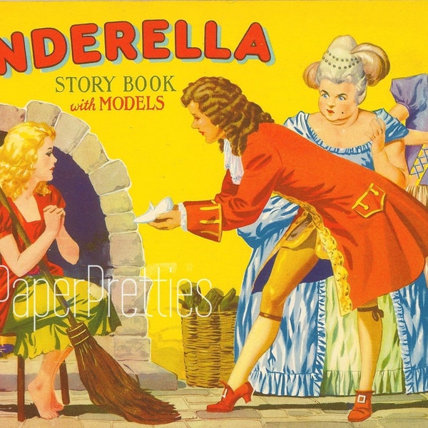 Vintage Paper Dolls Cinderella Story Book Playset c. 1930s Printable PDF Instant Digital Download Stand Up Paper Play Set Kitsch Fairy Tale