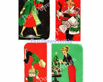 Vintage Printable Holiday Housewives Christmas Card Images Pretty Mid Century Ladies Retro Housewife PDF Instant Digital Download SET ONE