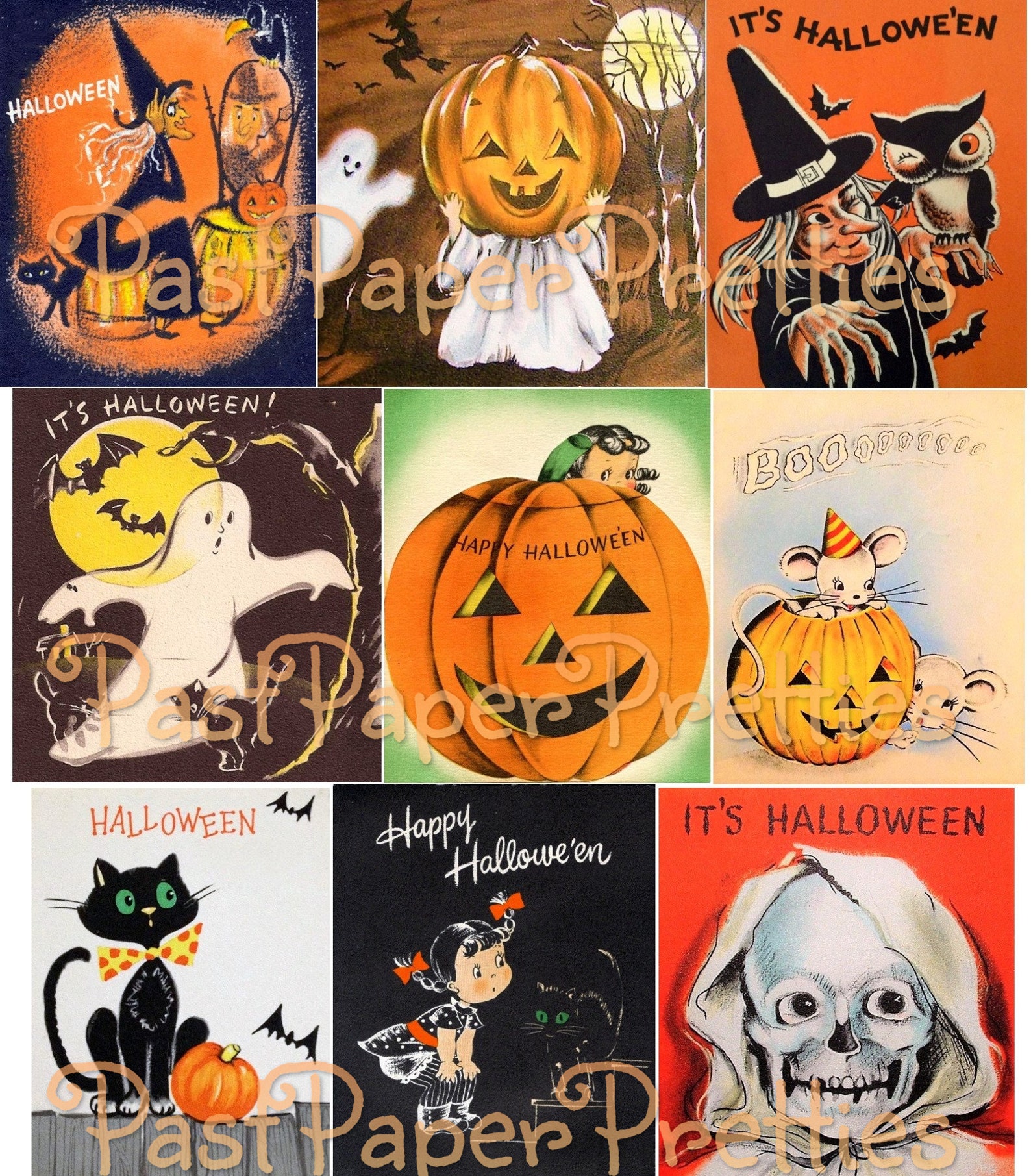 Vintage Halloween Printable Collage Cards Retro Mid Century Images PDF ...