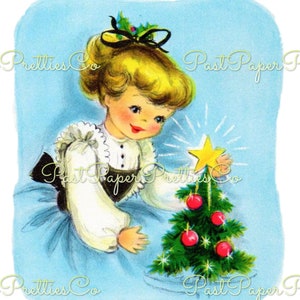 Vintage petite fille de Noël bleue à imprimer avec petit arbre carte Image des années 1950 en téléchargement numérique instantané Kitsch vacances Clip Art 300 dpi